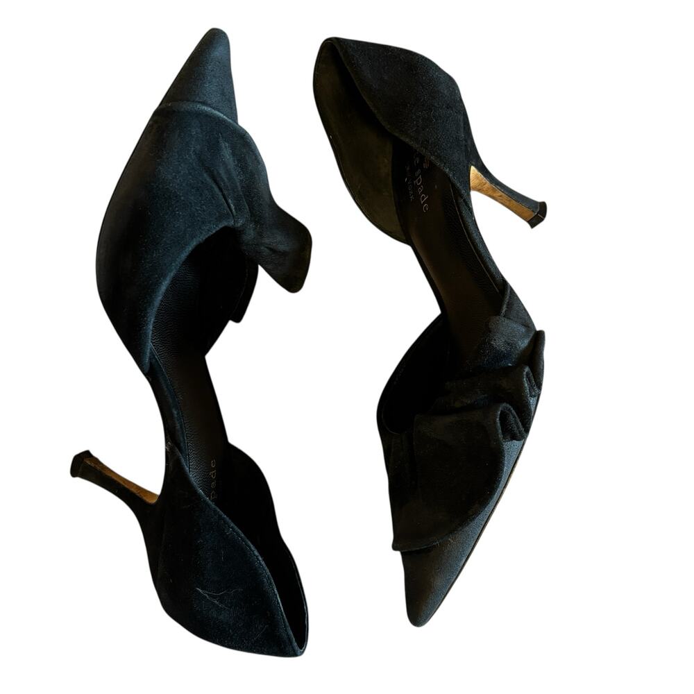 Kate Spade Black Suede Pointed-Toe Heels 8 Elegant Bow Detail Kitten Pump